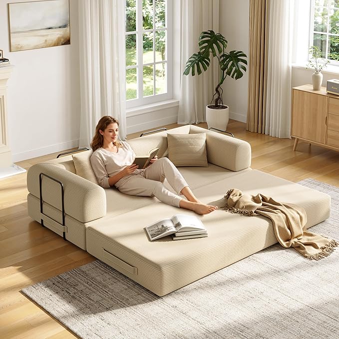 79 Inch 5-in-1 Convertible Sofa Bed, Corduroy Boneless Floor Couch with Fixed Frame & Pillow, Modular Folding Mattress Lounger for Small Space, Living Room, Bedroom - Easy Assembly(Beige)