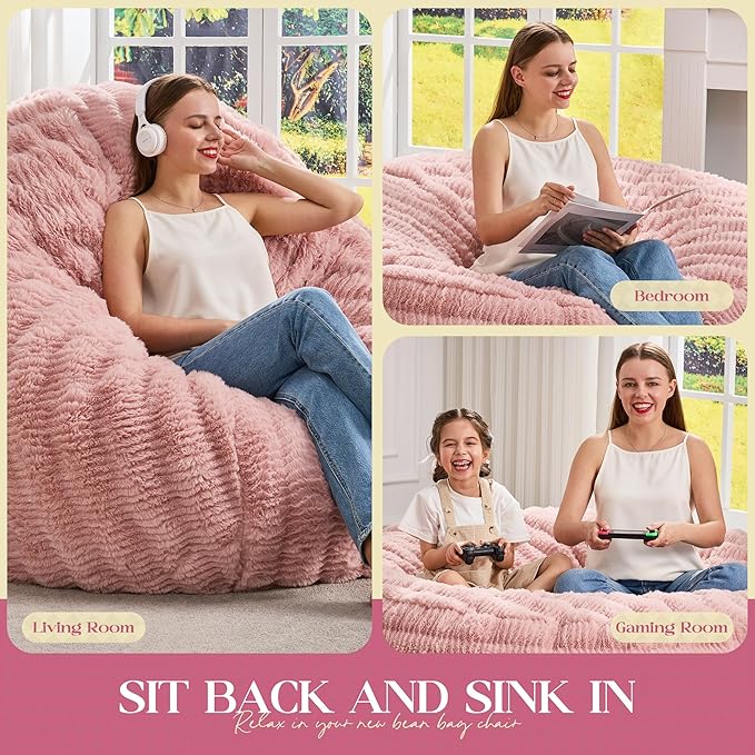 Hobestluk Bean Bag Chairs Beanbag Chair with Filler Adult Bean Bags with Fluffy Ripple Cover, Giant Bean Bag Chairs for Adults (Pink, 6FT - 70" x 70" x 15")