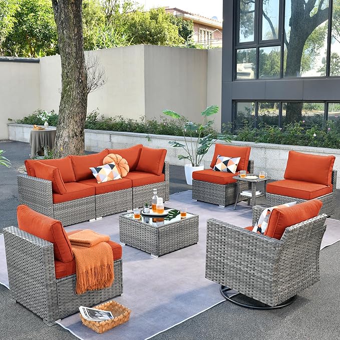 ovios Outdoor 9 Piece Coversation Set with Swivel Rocking Chair,Sectional Patio Furniture Set with All-Weather Wicker Sofa,Modern Outside Couch for Balcony Backyard Pool, Orange