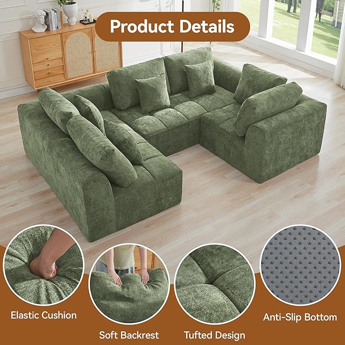 110''Modular Sectional Couches for Living Room, Cloud Boneless Compressed Sectional Sofa, Oversized U Shaped 5 Seater Upholstered Memory Foam Sofa, No Assembly, Chenille Green