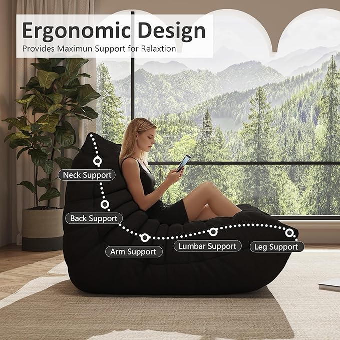 Bean Bag Chair, Oversized Loveseat Fireside Chair for Adults, 2 Seater with Memory Foam Filled, Lazy Sofa Lounge Floor Sofa for Living Room, Bedroom, Office, No Assembly Required. (Black)