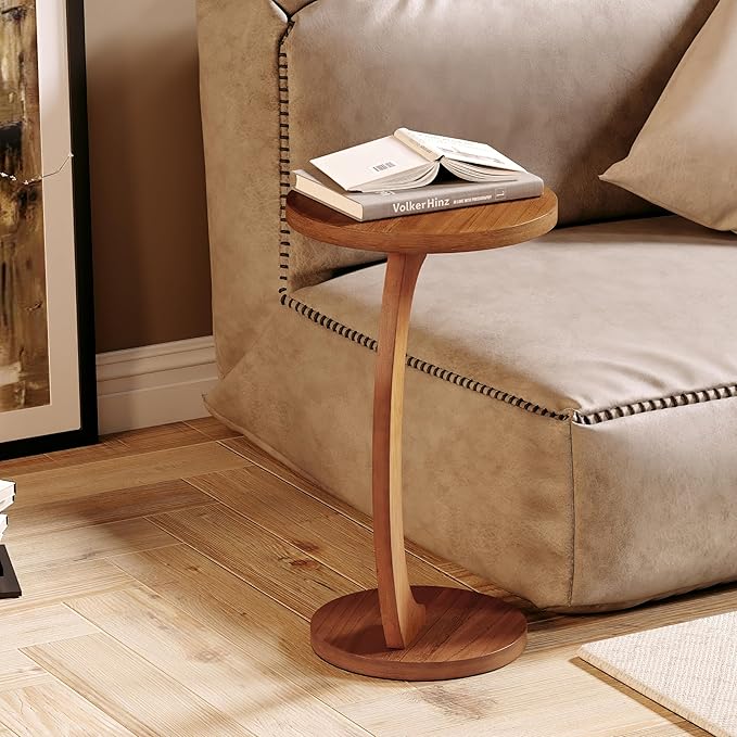 COZAYH C Shaped Round End Table for Couch Small Place, Space Saver Side Table for Sofa, Living Room, Bedside Area, Coffee and Eating Snack Tray, Walnut Color