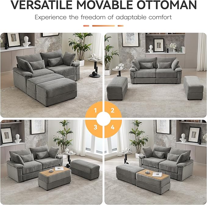 75" Corduroy Loveseat with Storage Ottoman, Cloud Deep Seat Couch with Convertible Ottoman Coffee Table & USB, Double Chaise Lounge for Living Room, Grey