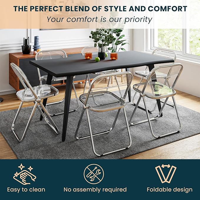 LeisureMod Lawrence Modern Clear Acrylic Folding Chair with Metal Frame, Space-Saving Transparent Seating for Dining Room, Home Office, Bedroom, Vanity or Small Spaces, (Clear, Set of 2)