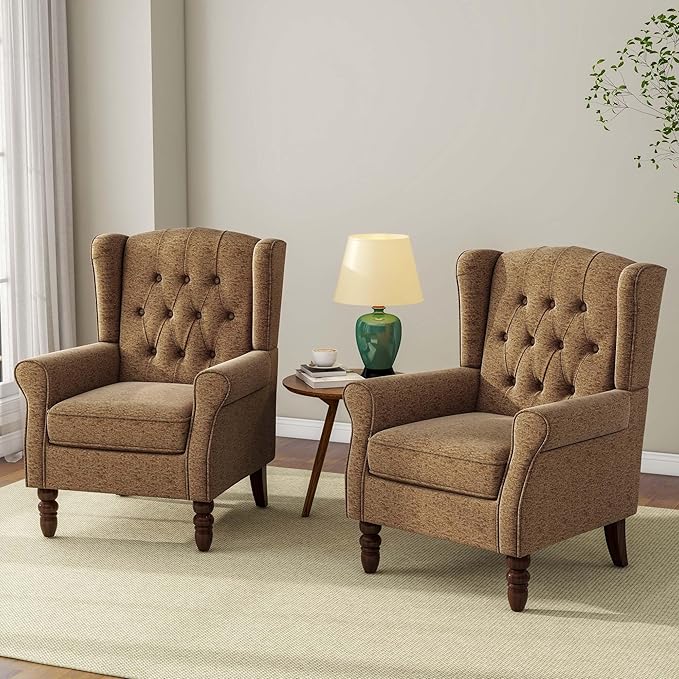 DREAMSIDEA Accent Chair, Upholstered Armchair with Button Tufted High Back & Solid Wood Legs, Comfy Wingback Reading Single Sofa Chair for Small Spaces, Living Room, Bedroom (Brown, Set of 2)