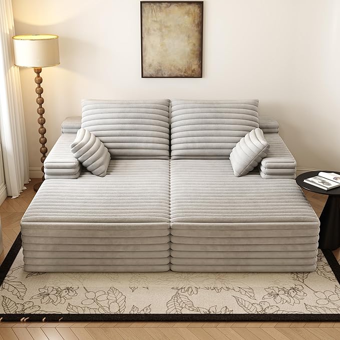 80” Oversized Double Lounge Chaise,Cloud Plush Sofa Bed,Upholstered Boneless Cloud Sofa Deep Seat,No Assembly Required,Modern Corduroy Sleeper Loveseat Chair for Living Room Bedroom Reading,Grey