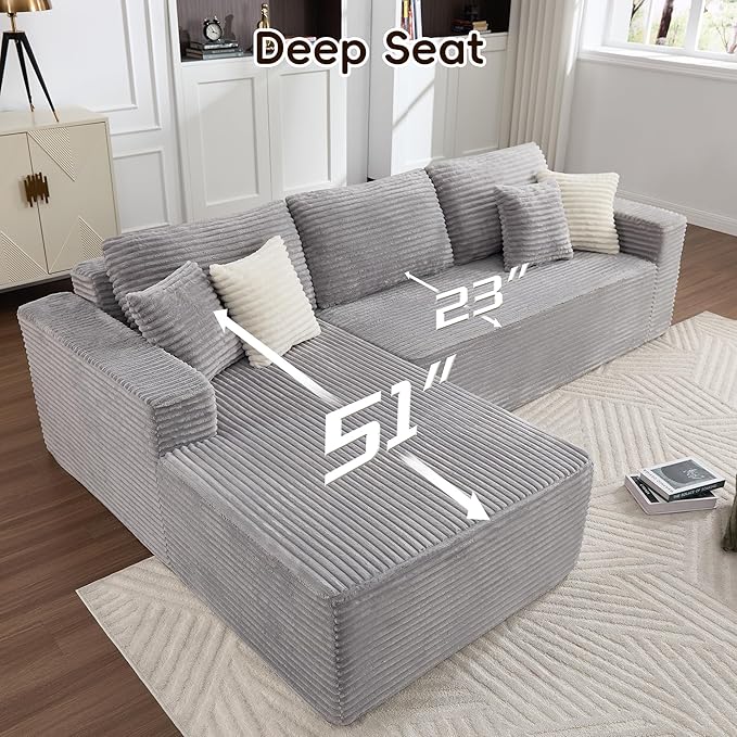 Opiesit 108" Boneless Couches for Living Room, Modular Sectional Sofa with Oversized Chaise, L-Shape Cloud Couch with Deep Seat, High-Density Memory Foam, No Assembly Required, Plush Corduroy Grey