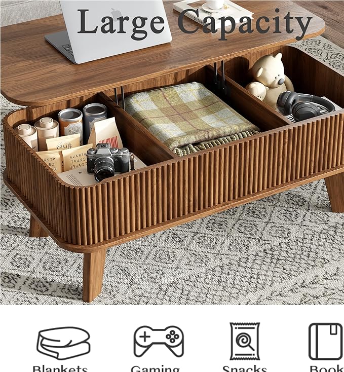 LCVTND Fluted Lift Top Coffee Table with Storage, Modern Wood Coffee Table Retro Center Table with Hidden Lifting Table Top Compartment for Living Room, Home, Office, Walnut