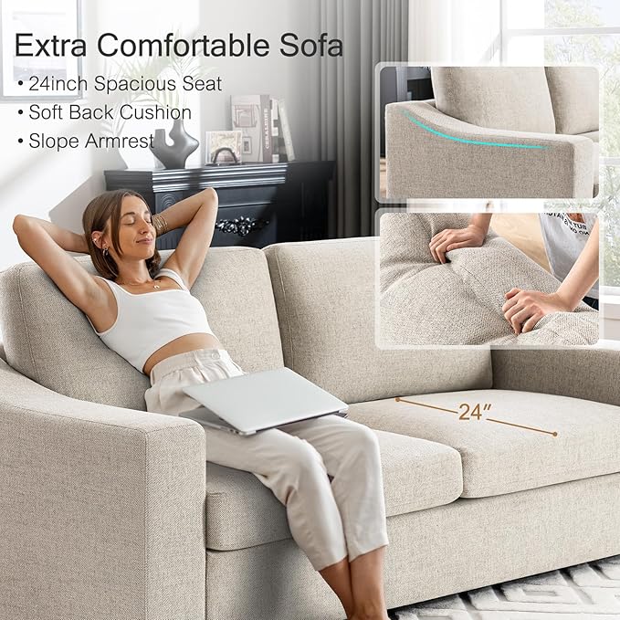 ELUCHANG 85" Deep Seat Sofa, Modern Couches for Living Room, 3 Seater Natural Linen Sofa, Upholstered Cushion & Detachable Cover, Comfy Couch for Small Space, Apartment, Oatmeal, 2PCS