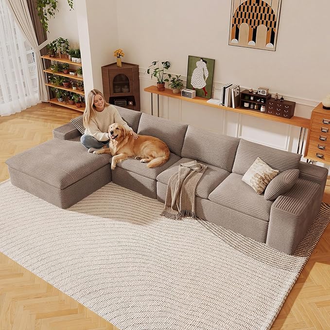136" Cloud Sectional Couch with L-Shape Chaise, Modern Corduroy Viral Boneless Sofa for Living Room,Memory Foam Couches in a Box with Deep Seat,No Assembly Required (Camel,Left-Facing Chaise)
