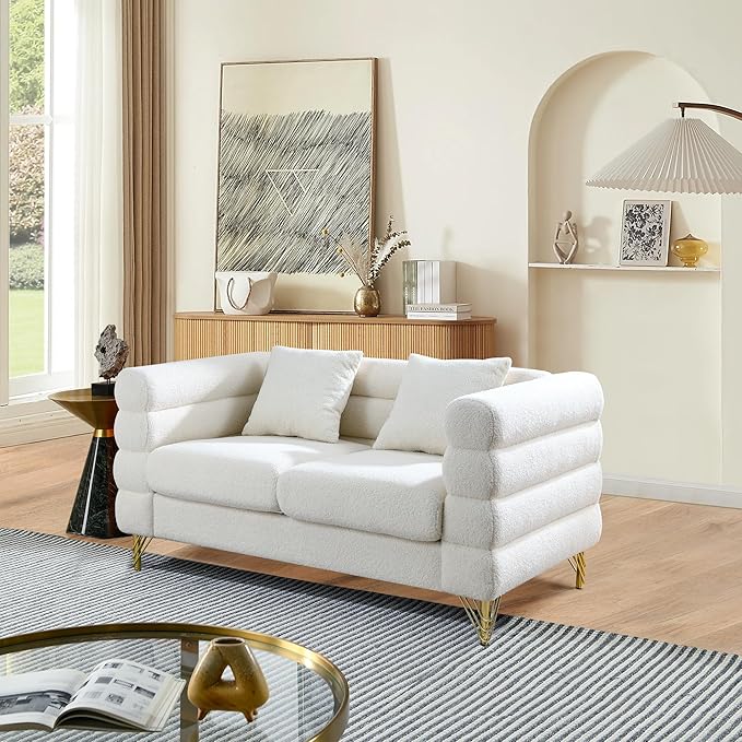 mikibama Modern Teddy Loveseat Sofa, 60 Inch Sectional Sofa Couch, Luxury 2 Seater Deep Couch with 2 Pillows and Gold Metal Legs for Living Room, Bedroom, Apartment (White)