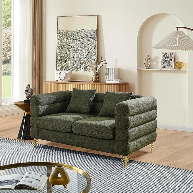 mikibama Modern Teddy Loveseat Sofa, 60 Inch Sectional Sofa Couch, Luxury 2 Seater Deep Couch with 2 Pillows and Gold Metal Legs for Living Room, Bedroom, Apartment (Green)