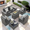 7 Piece Patio Furniture Set with Fire Pit Table, Outdoor Conversation Sets Wicker Rattan Sectional Sofa with Coffee Table, 4'' Thickened Cushion Dark Grey (Include Waterproof Cover)