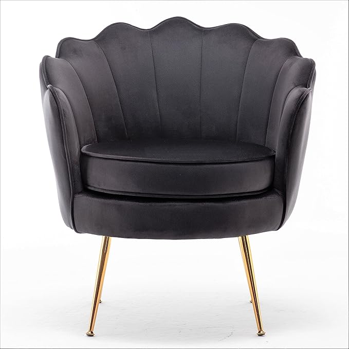 Container Furniture Direct Velvet Barrel Accent Chair with Scalloped Silhouette and Gold Metal Legs, Decorative Piece Suitable for Traditional, Modern, and Contemporary Spaces, Black