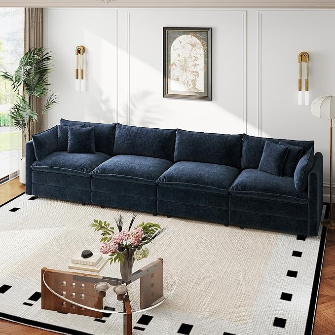 Aoowow Modular Sectional Sofa,147.2 Inch Deep 4-Seater Sofas Comfy Chenille Cloud Sofas and Couches with Pillows for Living Room Apartment（Blue）