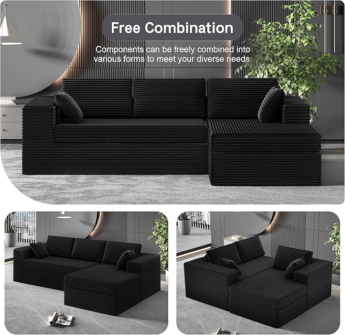 luckyvo 108-inch Boneless Couch for Living Room，Comfy Boneless Sofa with Deep Seats & Chaise Lounge, 3-Seat Modular Sofa Memory Foam Sectional Couches - No Assembly Required(Dark Black)