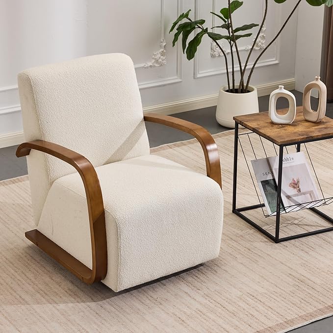 Swivel Accent Chair with Soild Wood Armrest, Modern Lounge Conversation Chair with Pillow, 360-Degree Rotation for Living Room, Office (Fabric, Beige)