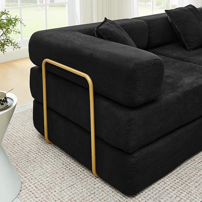 108" Convertible Sleeper Sofa Bed, Corduroy Folding Sofa Bed with Fixed-Shape Frame, Fold Out Floor Mattress Couch, Lazy Compression Sofas for Living Room, Bedroom, No Assembly Required,Black