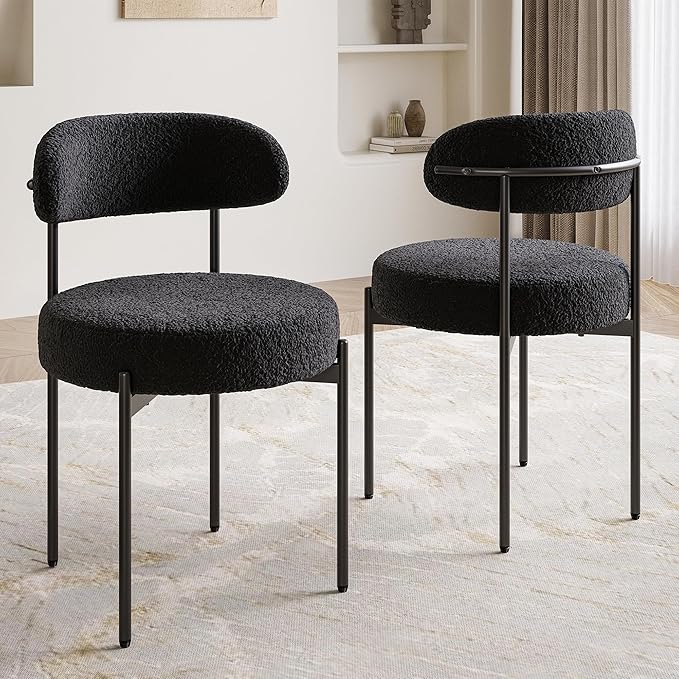 Farini Dining Chairs Set of 4,Mid-Century Modern Kitchen Chair Curved Backrest Round Upholstered Sherpa Dining Chairs with Metal Legs,Black