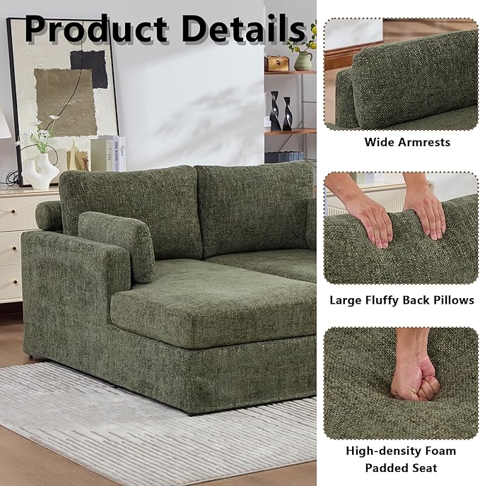 Arouseden Green Chaise Lounge Chair,63" Comfy Loveseat Sofa with Cylindrical Headrest for Neck Support,Chenille Chaise Lounge Indoor,Recliner Chair Oversized with Armrests and Throw Pillows