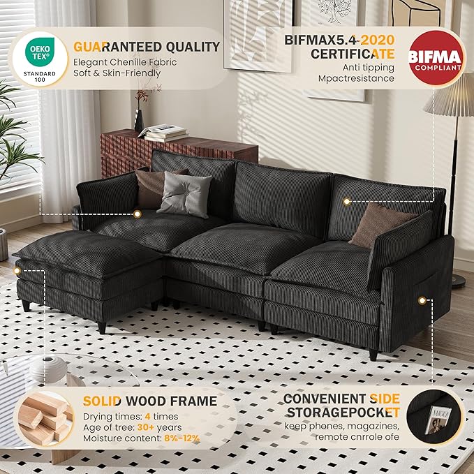 Apicizon 108" Cloud Couch Sectional, L Shaped Cloud Sofa with Side Storage Pocket, Modern Corduroy Sofa Set for Living Room, Office, Black