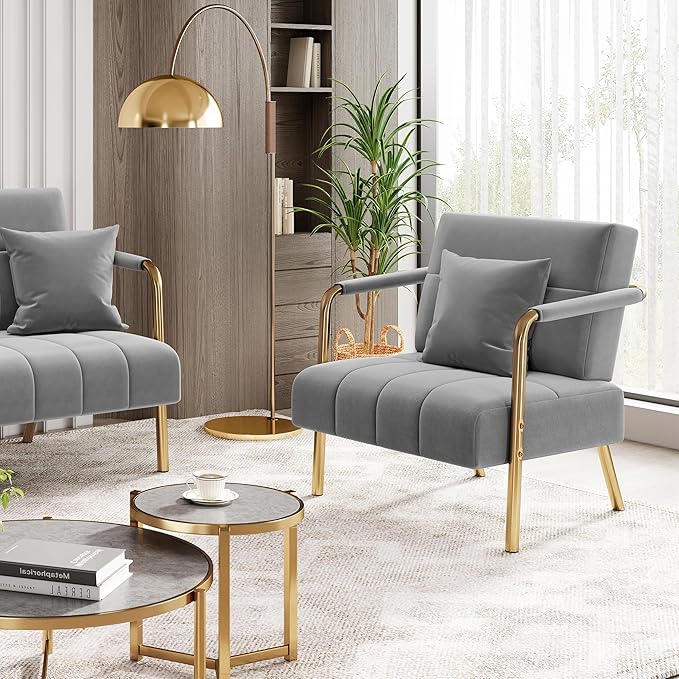 Yaheetech 30" W Accent Chair Velvet Oversized Armchair Living Room Chair with Golden Frame & Cozy Pillow for Living Room, Bedroom, Office Light Gray