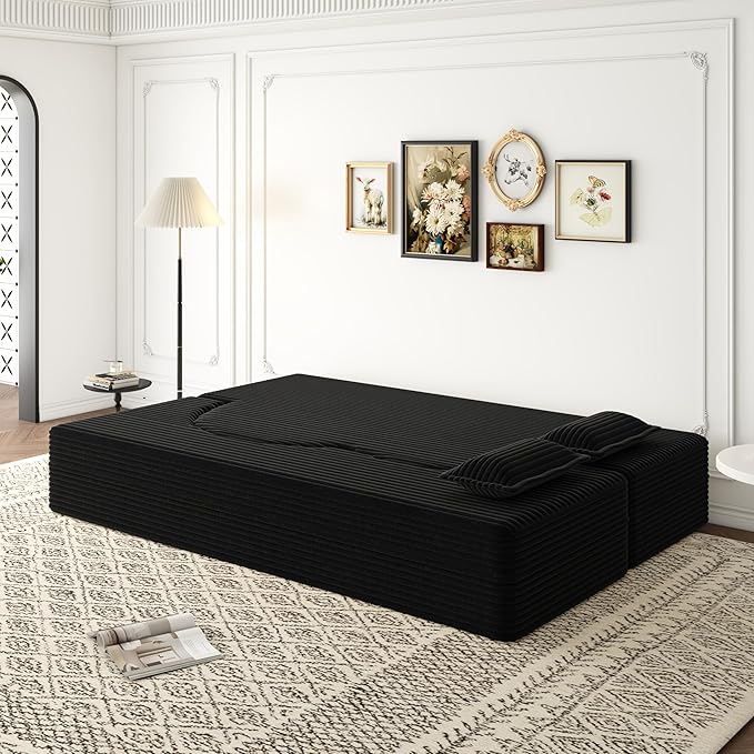 Modern Floor Sofa with 2 Pillows, Convertible Plush Corduroy Foam-Filled Sleeper Sofa Bed, Full Size Folding Mattress for Living Room, Guest Bed, No Assembly Required, Black