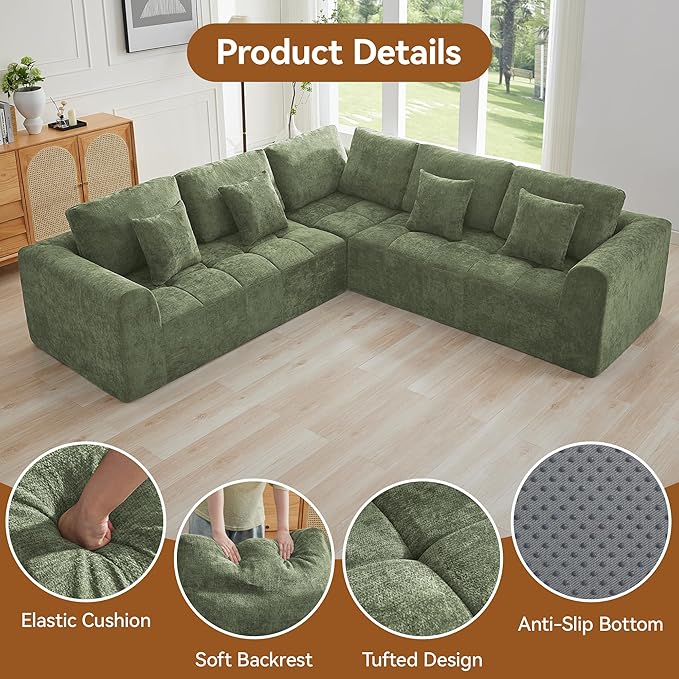 110''Modular Sectional Couches for Living Room, Cloud Boneless Compressed Sectional Sofa, Oversized L Shaped 5 Seater Upholstered Memory Foam Sofa, No Assembly, Chenille Green