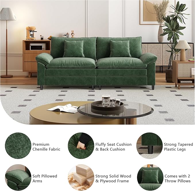 Aoowow Modular Sectional Sofa Modern Convertible Loveseat Couch,84 Inch Deep 2-Seater Sofas Comfy Chenille Cloud Sofas and Couches for Living Room Apartment(Green)