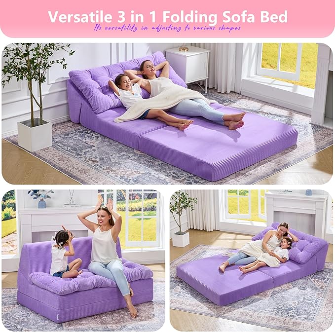 Hobestluk Sofa Couch Folding Sofa Bed Sleeper Comfy Floor Lounger Loveseat Sofa with Removable Cushion Couches Foldable Mattress for Living Room Bedroom or Office (Cordury Purple, Oversize)