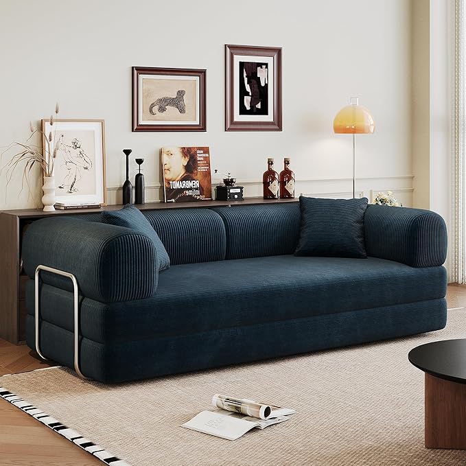 79" Convertible Sofa Bed, Corduroy Folding Pull Out Couch with Pillows, No Assembly Modern Boneless Couch Compression Sofa in Box, Floor Sofa with Support Rods for Living Room,Blue
