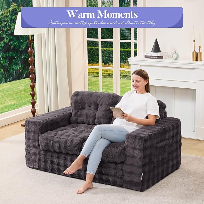 Hobestluk Sofa Couch Loveseat Sofa with Bubble Fabric 2-Seater Sofa for Small Spaces Comfortable Foam Floor Sofa 2 in 1 boneless couch for Living Room Bedroom Apartment or Office (Dark Grey, Loveseat)