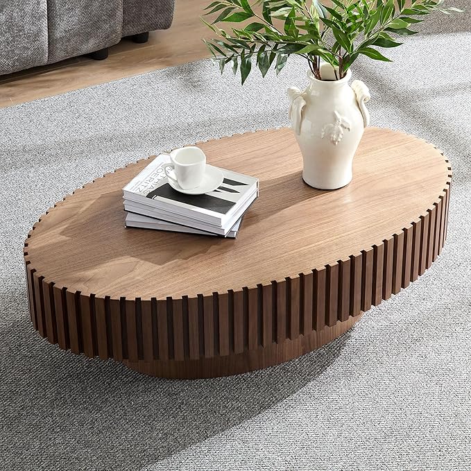 43.7'' Oval Wood Table,Modern Handcraft Drum Coffee Table for Living Room, Small Coffee Table with Sturdy Pedestal(Walnut, L43.7 x W24.8 x H13.38)