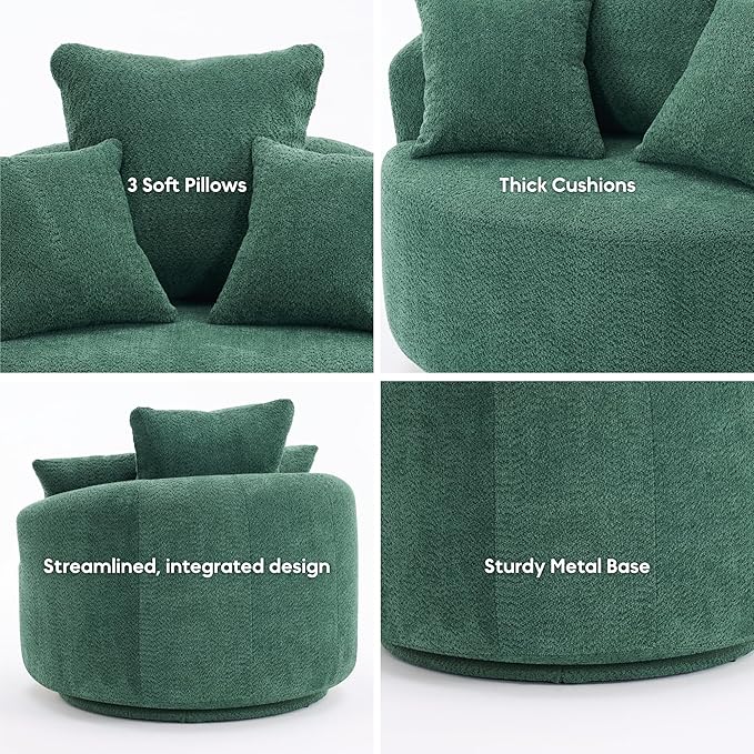 Yoglad 38.58'' Swivel Round Chair, Comfy Boucle 360° Accent Chair with Thick Cushion, Oversized Modern Single Sofa with 3 Pillows, Soft Armchair for Nursery, Living Room, Bedroom, Office (Green)