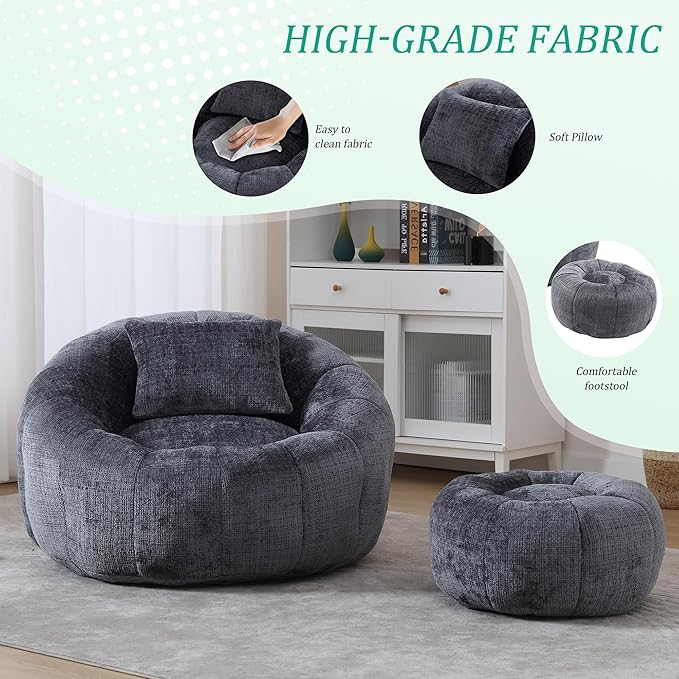 HOMEFLEX Modern Bean Bag Chair for Adults, Comfy Reading Nook Seating with Pillow, Round Chairs with Ottoman, Leisure Single Sofa, Ideal for Living Room, Bedroom, Apartment (Gray)