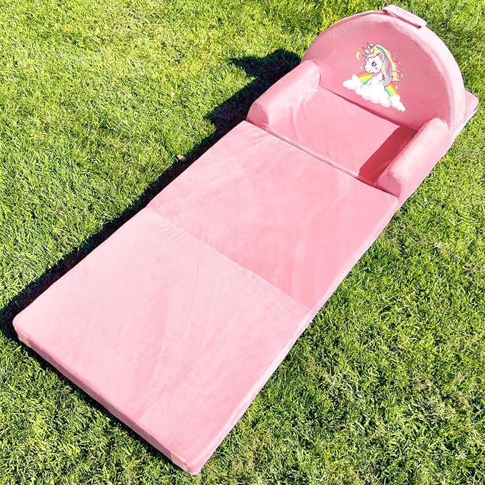 ORWIPO Unicorn Kids Sofa Bed with Removable Washable Cover & Hook and Loop Backrest – Foldable Toddler Chair, Cozy Crystal Velvet Furniture for Playtime, Naps & Travel (Pink, Unicorn Design)