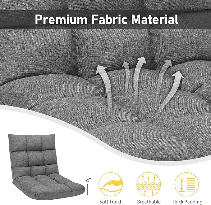 COSTWAY Floor Chair, Folding Gaming Chair with Back Support, 14 Adjustable Positions, Alloy Steel Frame, Lazy Sofa Lounge for Playing Reading Meditating Room Recliner for Adults, Kids (Gray)