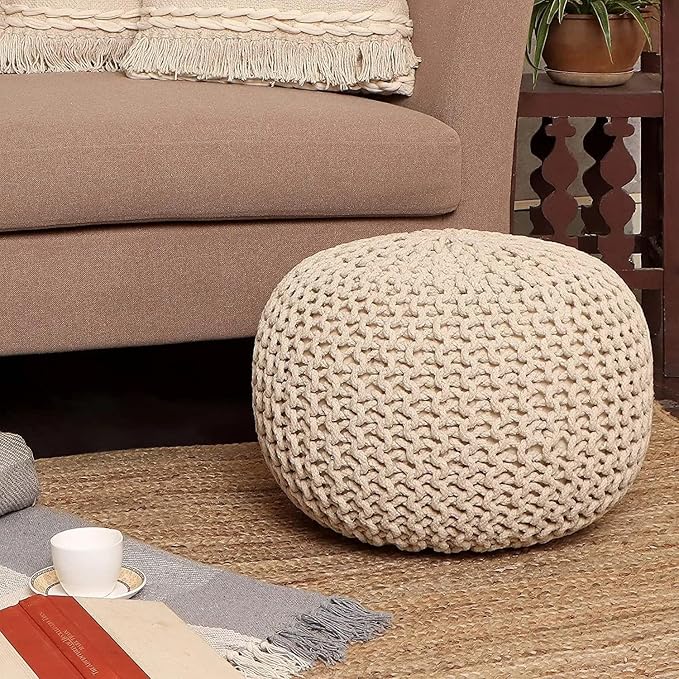 REDEARTH · Round Pouf Ottoman - Cable Knitted Boho Poof - Home Décor Cord Pouffe Handmade Circular Footrest for Living Room - Bedroom - Kids Bedroom - 100% Cotton Pouf (19.5"x19.5"x14") - Natural