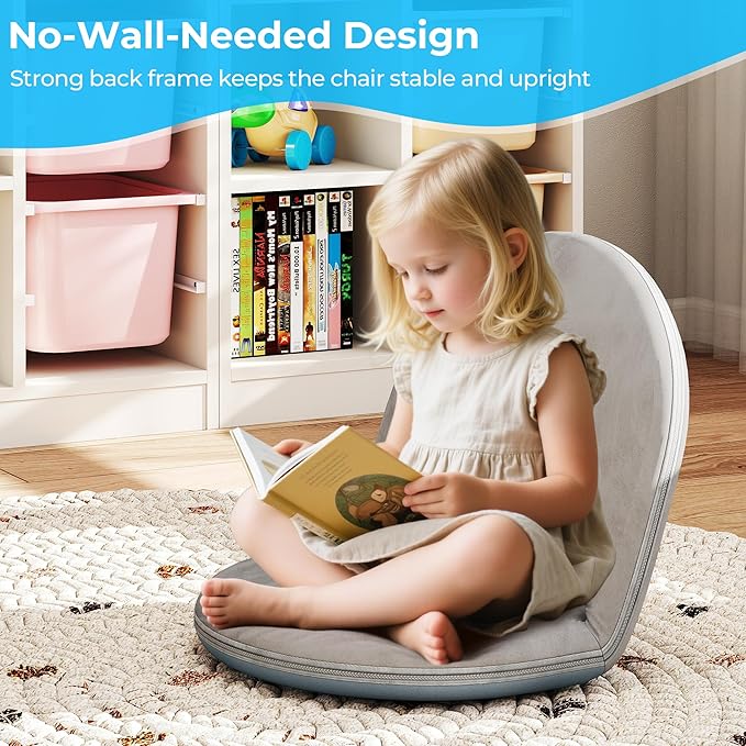 2 Pcs Floor Chair, Meditation Chair, 5-Position Folding Chair with Adjustable Back, Soft Sponge & Velvetean Cover, for Adults and Kids, Indoor Outdoor Use, Meditation, Gaming, Camping, Gray