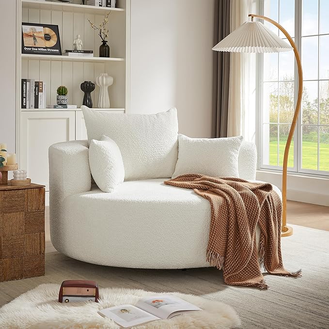 Merax 360° Swivel Chair, Chenille Fabric Accent Barrel Chair, Swivel Round Sofa Chair with 3 Removable Pillows for Living Room, Bedroom, Office and Hotel, Beige