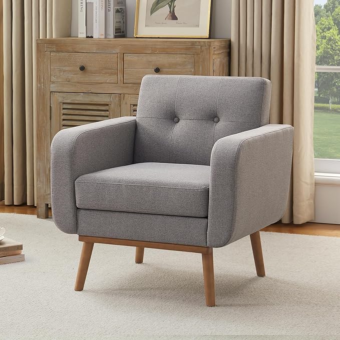 HUIMO Fabric Accent Chair, Mid Century Modern Chair Button Tufted Living Room Chairs Easy to Install, Upholstered Comfy Sofa Chair for Bedroom Study Office Reading Corner (Dark Grey)