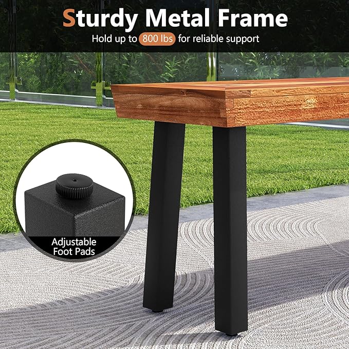 RELAX4LIFE 60’’ Outdoor Bench Acacia Wood, 3-Person Backless Patio Benches with Heavy Duty Metal Frame, Wooden Picnic Dining Garden Bench for Outside Backyard Park Porch, 800 LBS Weight Capacity