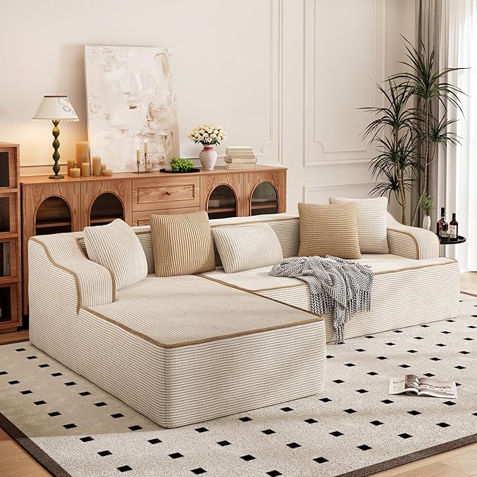 PHI VILLA 104" Cloud Sectional Sofa, Modern L-Shaped Couch with Deep Seat, Compressed Couches for Apartment Living Room, No Assembly Required, Corduroy, Beige