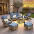 ovios 7 Pieces Patio Furniture Set, Outdoor Wicker Sofa Couch with Swivel Chairs Solar Lights Table, High Back Modern All Weather Conversation Sets, Grey Rattan, Denim Blue