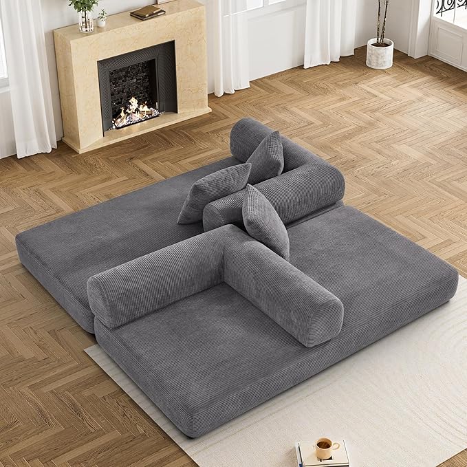DAMAIFROM Convertible Sleeper Sofa Bed with Pillow, 4-in-1 Corduroy Folding Mattress Couch with Fixed-Shape Frame, Futon Fold Out Floor Sofa Cama Lounge Couch for Living Room Bedroom Studio, Grey