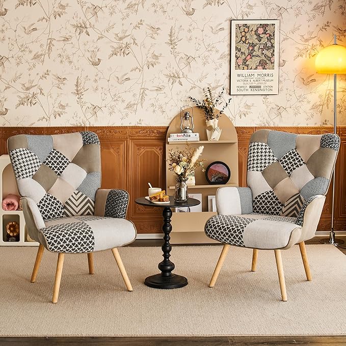 Accent Chair, Living Room Chair, Modern High Back Armchair, Colorful Patchwork Reading Chairs for Bedroom, Lounge Chair with Linen Fabric Shell and Solid Wood Feets (2, Gray)