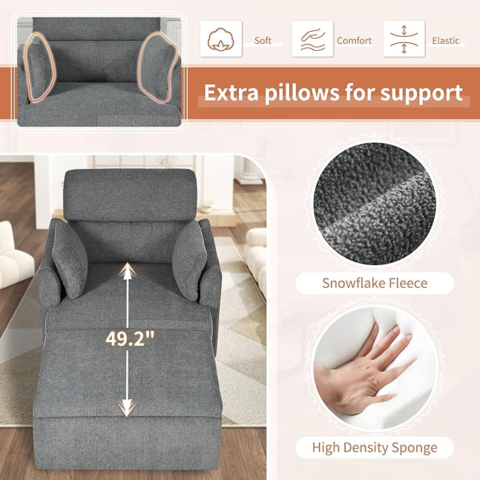 Snowflake Fleece Oversized Accent Chair with Storage Ottoman - 26.57" Wide Deep Seat Reading Chair, Convertible Daybed, 400lbs Capacity for Living Room & Apartment (Grey)