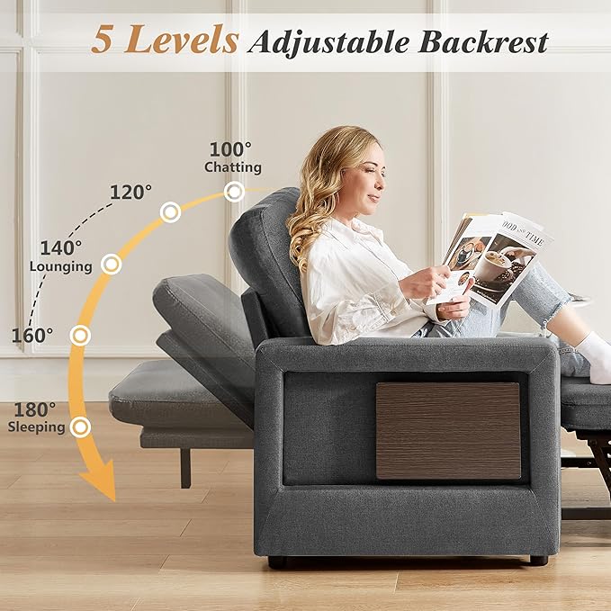 WEUP 42.5" Sleeper Sofa Chair Bed, 3-in-1 Convertible Sleeper Chair with Pull Out Bed, Adjustable Reclining Backrest, Side Pockets, Cup Holder, USB Ports & Wing Table, Premium Dark Grey