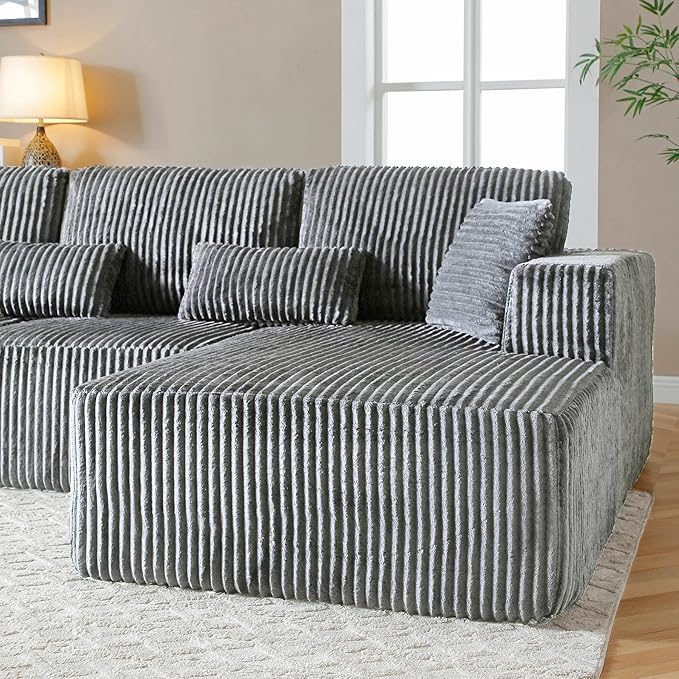 HYJT-H&K Modular Sectional Sofa Cloud Sectional Couch, 107" Comfy Fluffy L Shaped Dark Grey Couches for Living Room, Deep Seat Memory Foam Plush Corduroy Boneless Couch Sectionals Right Facing Chaise
