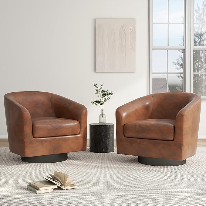Swivel Barrel Chair, Modern Round PU Leather Accent Armchair for Living Room, Bedroom, Oversized Comfy Club Reading Chairs for Adults (Leather Coffee, Set of 1)